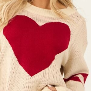 NWT Cream and Cherry Heart Sweater with Stripe Sleeves